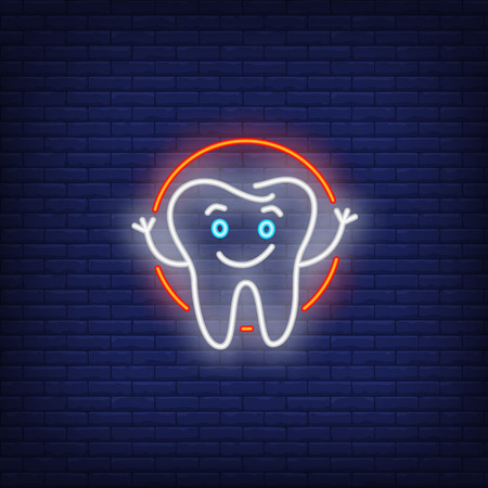 Happy tooth neon sign. Luminous signboard with smiling tooth. Night bright advertisement. Vector illustration in neon style for dental care, clinic, advertisementのイラスト素材