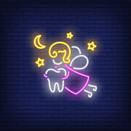 Tooth fairy neon sign. Luminous signboard with fantasy figure holding tooth. Night bright advertisement. Vector illustration in neon style for fairytale, dentistry, stomatologyのイラスト素材