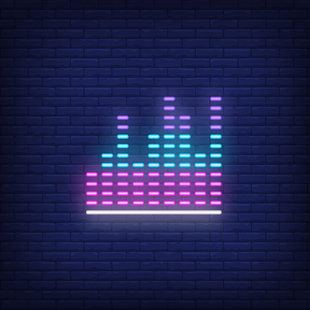 Volume level neon sign. Luminous signboard with equalizer. Night bright advertisement. Vector illustration in neon style for music, sound, audioのイラスト素材