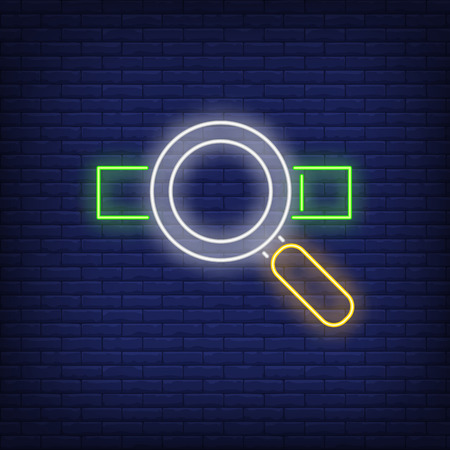 Loupe and address bar neon sign. User interface search icons design. Night bright neon sign, colorful billboard, light banner. Vector illustration in neon style.のイラスト素材