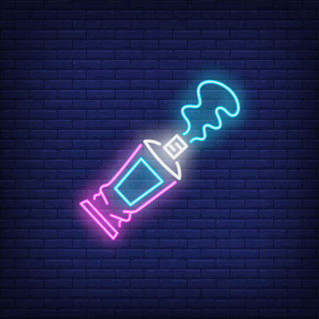 Open paint tube neon sign. Painting and art supplies design. Night bright neon sign, colorful billboard, light banner. Vector illustration in neon style.のイラスト素材