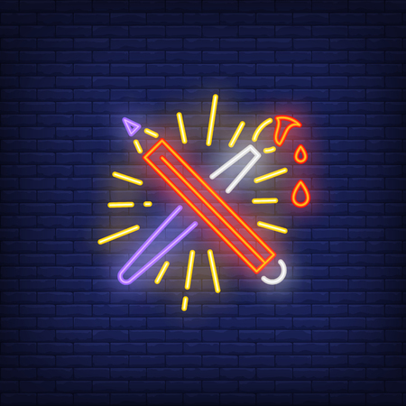 Shining crossed pencil and brush neon sign. Painting and art supplies design. Night bright neon sign, colorful billboard, light banner. Vector illustration in neon style.のイラスト素材