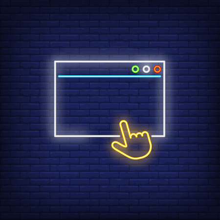 Software application window and hand cursor neon sign. User interface icons design. Night bright neon sign, colorful billboard, light banner. Vector illustration in neon style.のイラスト素材