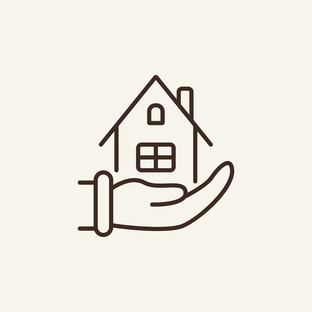 House in hand line icon. Hand holding house on white background. Vector illustration can be used for topics like home buying, economyのイラスト素材