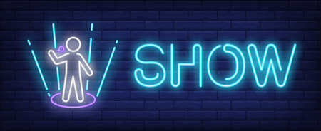Show neon sign. Showman with microphone on stage on brick wall background. Vector illustration in neon style for banners, billboards, club adsのイラスト素材