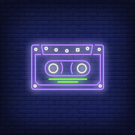 Audio cassette tape neon sign. Music and vintage musical equipment design. Night bright neon sign, colorful billboard, light banner. Vector illustration in neon style.のイラスト素材