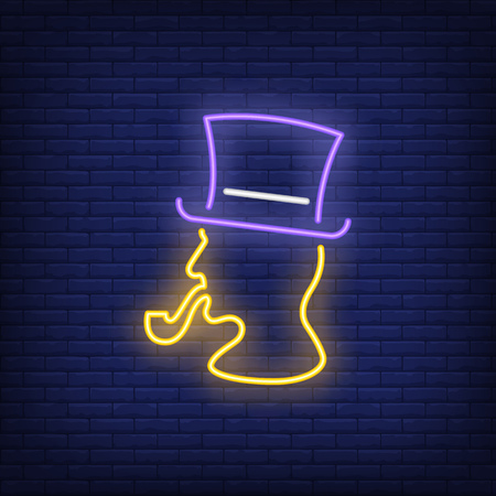 Silhouette of man in hat with pipe neon sign. Gentleman concept design. Night bright neon sign, colorful billboard, light banner. Vector illustration in neon style.のイラスト素材