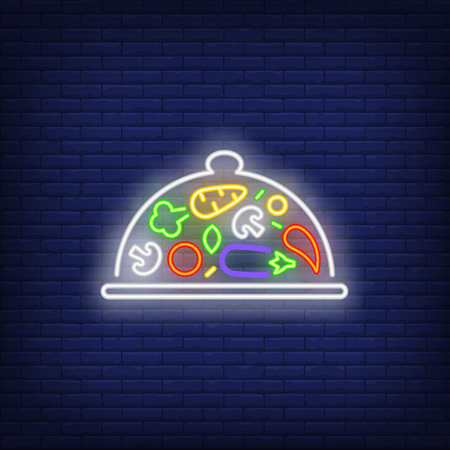 Vegetables on tray under lid neon sign. Cooking, kitchen and restaurant advertisement design. Night bright neon sign, colorful billboard, light banner. Vector illustration in neon style.のイラスト素材