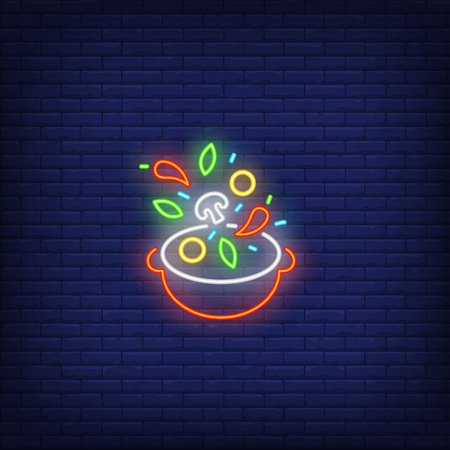 Pan and vegetable ingredients neon sign. Cooking, kitchen and restaurant advertisement design. Night bright neon sign, colorful billboard, light banner. Vector illustration in neon style.のイラスト素材