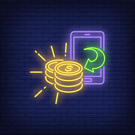 Smartphone and golden coins neon sign. Technology and mobile payment design. Night bright neon sign, colorful billboard, light banner. Vector illustration in neon style.のイラスト素材
