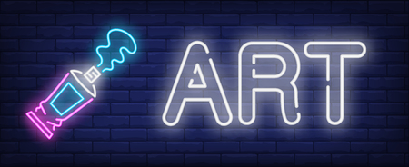 Art neon text with open paint tube. Painting and art supplies design. Night bright neon sign, colorful billboard, light banner. Vector illustration in neon style.のイラスト素材
