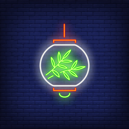 Chinese lantern with twigs inside neon sign. Festival and holiday design. Night bright neon sign, colorful billboard, light banner. Vector illustration in neon style.のイラスト素材