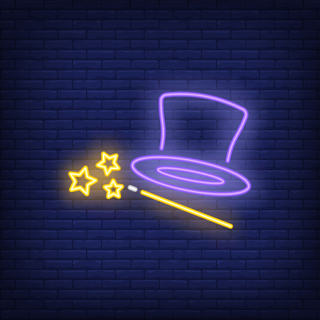Magician topper hat and wand neon sign. Magic design. Night bright neon sign, colorful billboard, light banner. Vector illustration in neon style.のイラスト素材