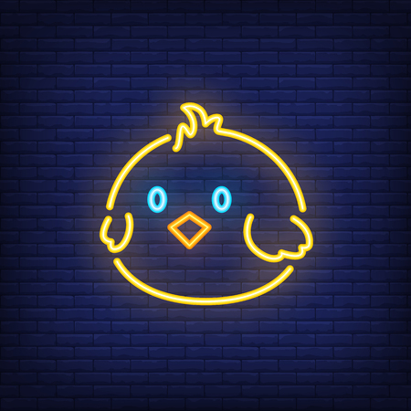 Cute chick neon sign. Poultry design. Night bright neon sign, colorful billboard, light banner. Vector illustration in neon style.のイラスト素材