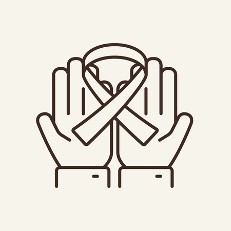 Ribbon in hands line icon. Breast cancer, awareness, support. Volunteering concept. Can be used for topics like medicine, disease prevention, solidarityのイラスト素材
