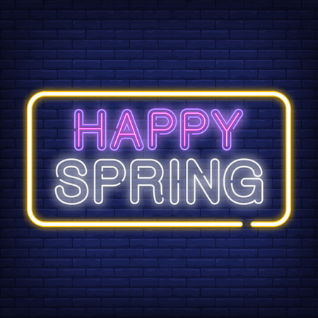 Happy spring neon text in frame. Offer advertisement design. Night bright neon sign, colorful billboard, light banner. Vector illustration in neon style.のイラスト素材