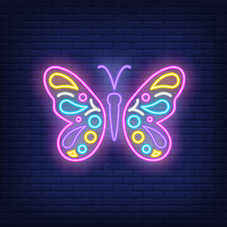 Beautiful butterfly neon sign. Nature, summer and beauty concept design. Night bright neon sign, colorful billboard, light banner. Vector illustration in neon style.のイラスト素材