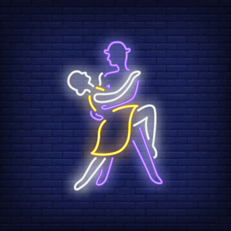 Elegant couple dancing neon sign. Dance studio or performance design. Night bright neon sign, colorful billboard, light banner. Vector illustration in neon style.のイラスト素材