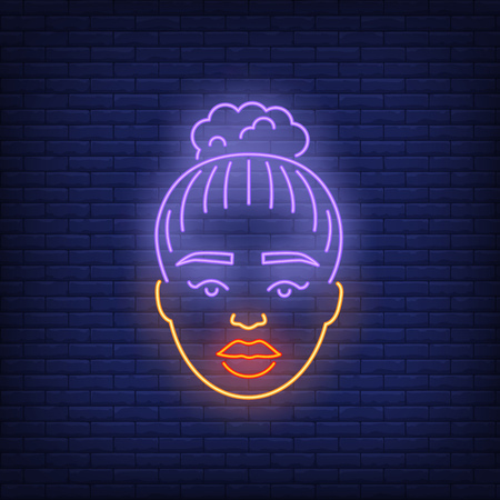 Black woman face neon sign. Avatar design. Night bright neon sign, colorful billboard, light banner. Vector illustration in neon style.のイラスト素材