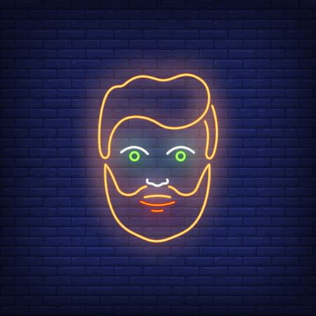 Bearded man face neon sign. Avatar design. Night bright neon sign, colorful billboard, light banner. Vector illustration in neon style.のイラスト素材