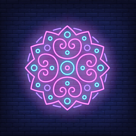 Round mandala pattern neon sign. Yoga and meditation concept design. Night bright neon sign, colorful billboard, light banner. Vector illustration in neon style.のイラスト素材