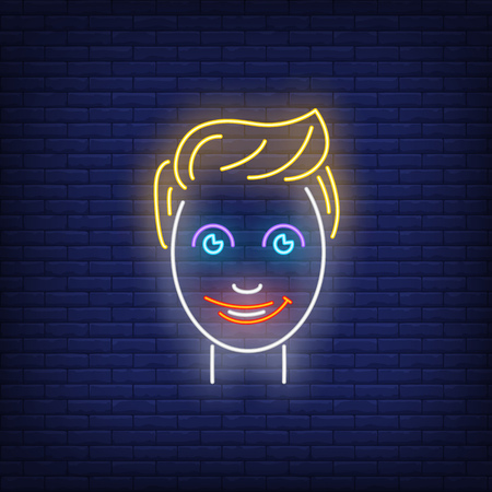 Smiling young guy face neon sign. Avatar design. Night bright neon sign, colorful billboard, light banner. Vector illustration in neon style.のイラスト素材