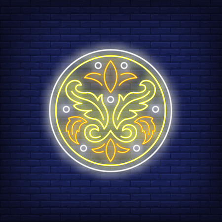 Round floral pattern neon sign. Flower logo design. Night bright neon sign, colorful billboard, light banner. Vector illustration in neon style.のイラスト素材