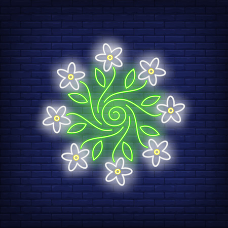 Round flower ornament emblem neon sign. Flower logo design. Night bright neon sign, colorful billboard, light banner. Vector illustration in neon style.のイラスト素材