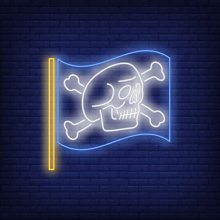 Skull and crossed bones on flag neon sign. Jolly Roger and pirates concept design. Night bright neon sign, colorful billboard, light banner. Vector illustration in neon style.のイラスト素材