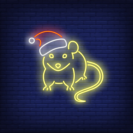 Christmas rat neon sign. Rat in Santa hat on brick wall background. Vector illustration in neon style for banners, posters, party invitationのイラスト素材