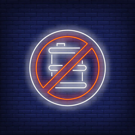 Explosive barrel neon sign. Round prohibiting signboard with barrel on brick wall background. Vector illustration in neon style for billboards, signage, signboardsのイラスト素材