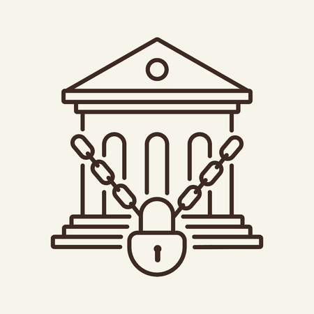 Arrested bank line icon. Building of bank with chain and lock. Bankruptcy concept. Vector illustration can be used for crash, breakdown, business failureのイラスト素材