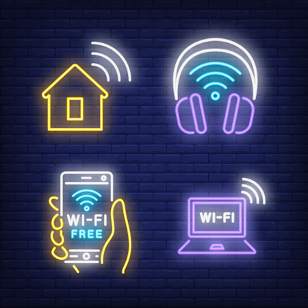 Wifi headphones, smartphone, computer and house neon signs set. Technology, communication design. Night bright neon sign, colorful billboard, light banner. Vector illustration in neon style.のイラスト素材