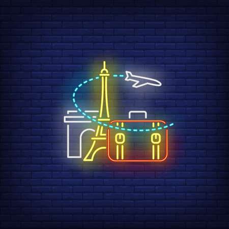 Airplane, suitcase, Eiffel tower and Arc de Triomphe neon sign. Tourism, vacation, travel design. Night bright neon sign, colorful billboard, light banner. Vector illustration in neon style.のイラスト素材