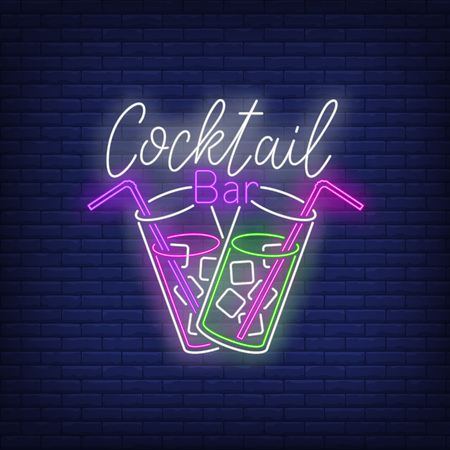 Cocktail bar neon text, two drink glasses, straws and ice cubes. Cocktail bar design. Night bright neon sign, colorful billboard, light banner. Vector illustration in neon style.のイラスト素材