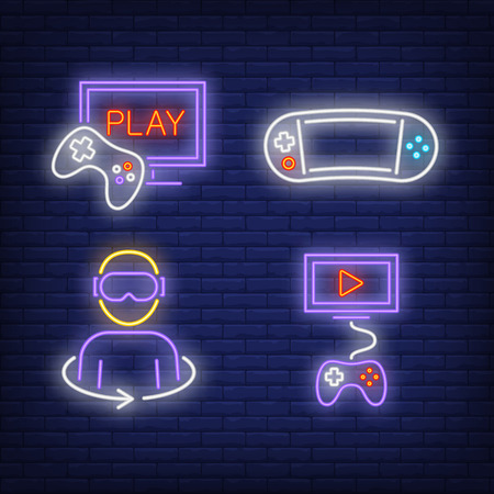 Videogame console, game player and joystick neon signs set. Video games, leisure and entertainment design. Night bright neon sign, colorful billboard, light banner. Vector illustration in neon style.のイラスト素材