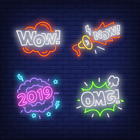 Exclamations neon sign set. OMG, Wow, Now, 2019 inscriptions. Colorful billboard, bright banner. Vector illustration in neon style for topics like surprising news, sensation, event announcementsのイラスト素材