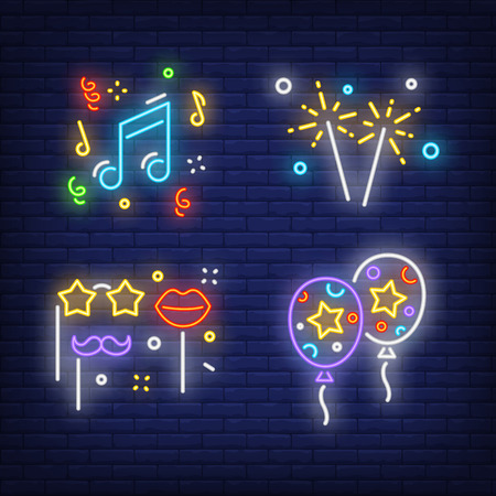 Masquerade party neon sign set. Moustache on stick, air balloons, music. Flyer, invitation, bright banner. Vector illustration in neon style for topics like holiday, celebration, funのイラスト素材