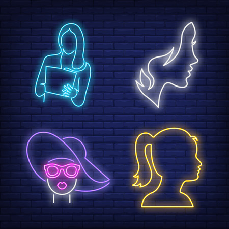 Women neon sign set. Professional, face, profile, wearing hat and sunglasses. Colorful billboard, bright banner. Vector illustration in neon style for fashion or beauty salonのイラスト素材