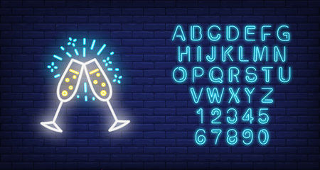 Couple of Champaign flutes. Neon sign element. Celebration concept. Vector illustration for success, engagement, festive eventのイラスト素材