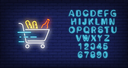 Neon icon of food delivery. Shopping trolley with loafs and bottle in motion on brick wall background. Online shopping concept. Can be used for neon signs, posters, billboards, bannersのイラスト素材