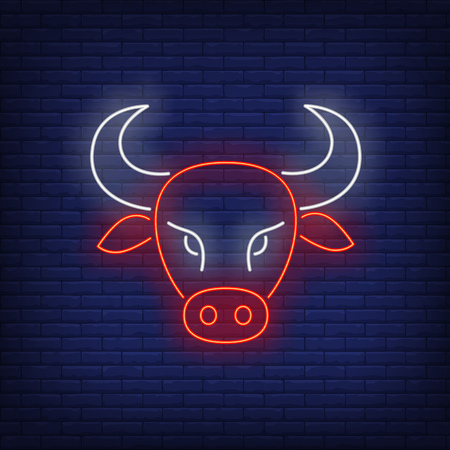Buffalo face neon sign. Domestic animal, farm, nature design. Night bright neon sign, colorful billboard, light banner. Vector illustration in neon style.のイラスト素材