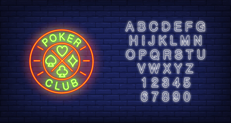 Poker club neon sign. Text on roulette, card suits. Night bright advertisement. Vector illustration in neon style for gambling, casino, gamesのイラスト素材