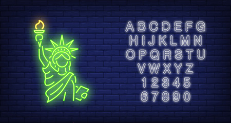 Statue of Liberty on brick background. Neon style illustration. New York, Manhattan, Independence Day. USA banner. For holiday, famous place, travel conceptのイラスト素材