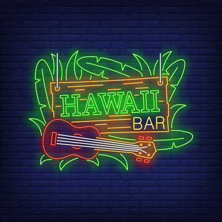 Hawaii bar neon text with ukulele and leaves. Resort, tourism, vacation design. Night bright neon sign, colorful billboard, light banner. Vector illustration in neon style.のイラスト素材