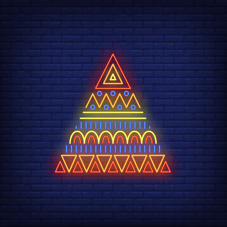 Triangular African ornament neon sign. Pattern, ethnic motif, decor design. Night bright neon sign, colorful billboard, light banner. Vector illustration in neon style.のイラスト素材
