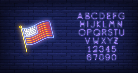 USA flag on brick background. Neon style illustration. USA symbol, country, America. USA banner. For patriotism, travel, national cultureのイラスト素材