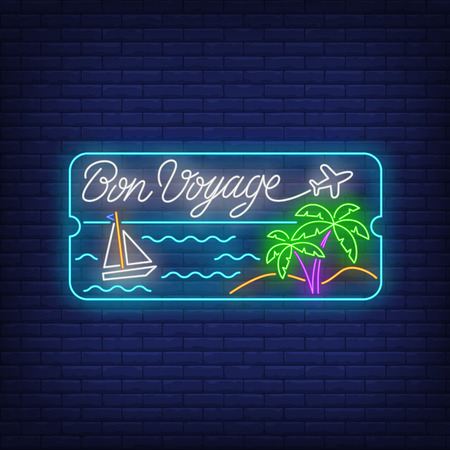 Bon Voyage neon lettering with sea beach, palm trees and ship. Tourism, vacation and travel design. Night bright neon sign, colorful billboard, light banner. Vector illustration in neon style.のイラスト素材