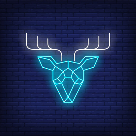 Polygonal geometric deer head neon sign. Decoration, animal, futuristic decor design. Night bright neon sign, colorful billboard, light banner. Vector illustration in neon style.のイラスト素材