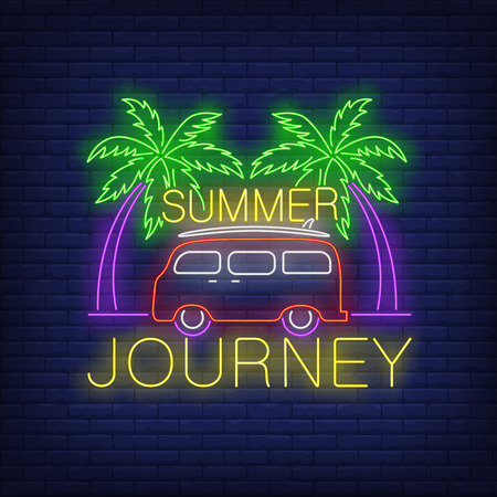 Summer Journey neon lettering, minivan and palm trees. Tourism, vacation and travel design. Night bright neon sign, colorful billboard, light banner. Vector illustration in neon style.のイラスト素材